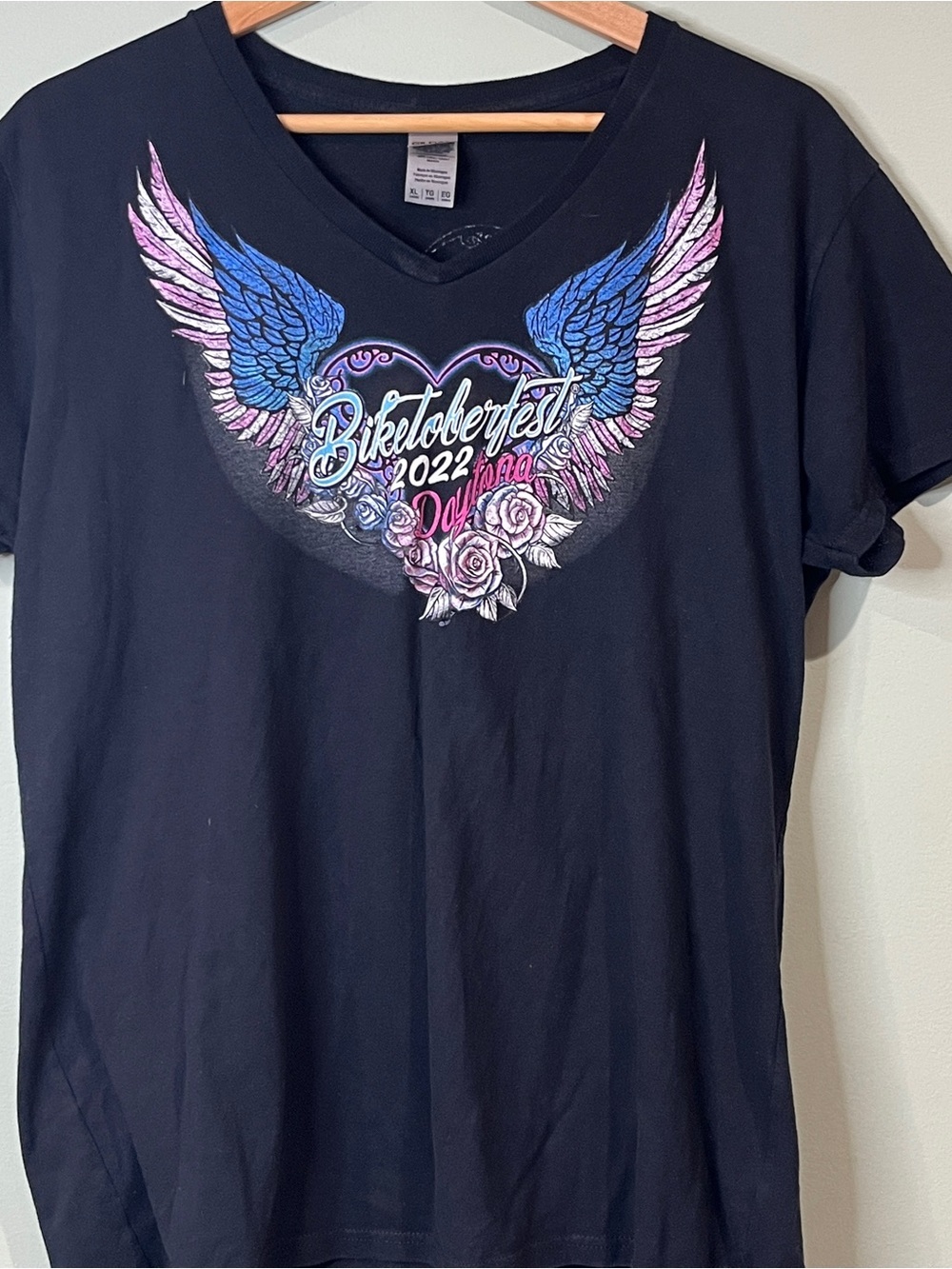 Gildan Black V-Neck Tee with Blue & Pink Winged Heart Graphic